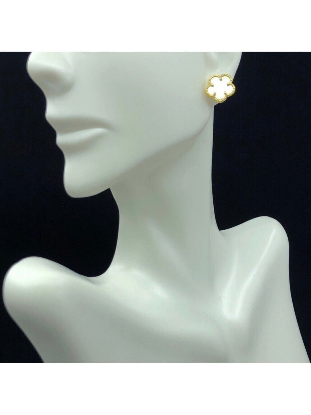 Clover 5 Leave Stud Earrings 18k GP 925 Sterling Silver / Mother of Pearl - Picture 2 of 6